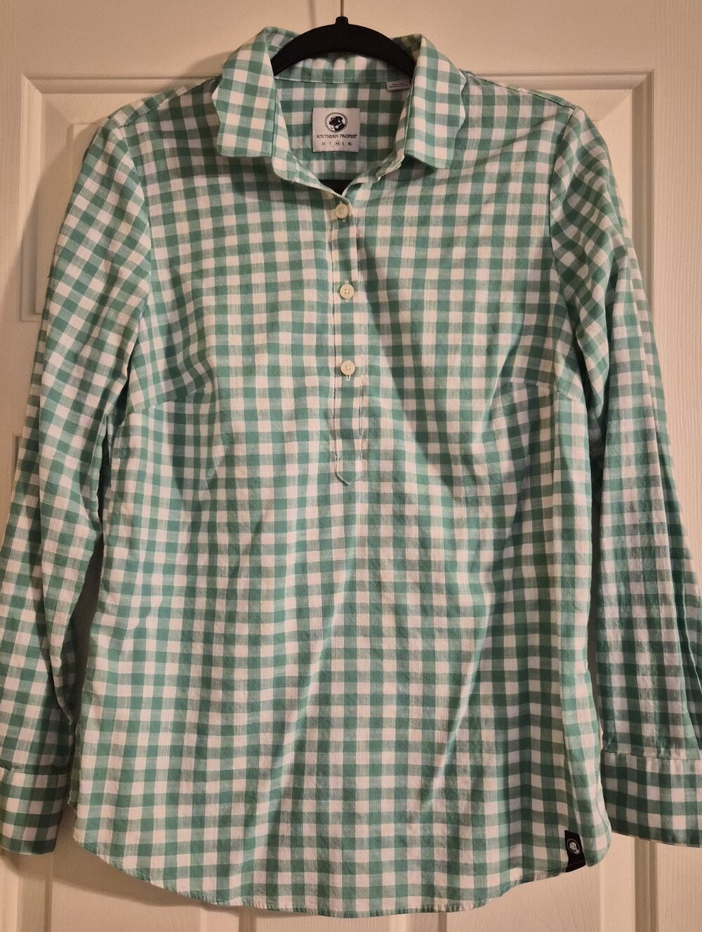 Southern Proper Mint Green & White Plaid Partial Button Up